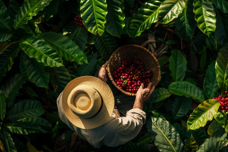 man collecting coffee beans in ecuador
